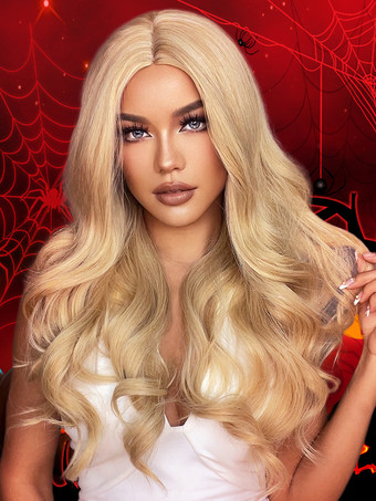 ライトゴールドミドルパートロングウェーブヘア合成ウィッグ女性用 2025