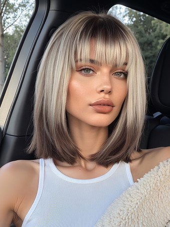 ブラウン 女性用グラデーションボブショート合成ウィッグ前髪付き 2025