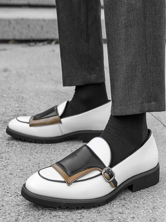ホワイト メンズ モンクローファー ラウンドトゥ スリッポン バックルディテール ペニーシューズ カラーブロックデザイン プロムシューズ