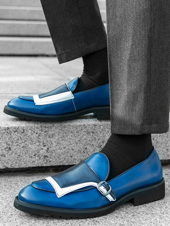 メンズ モンクローファー ラウンドトゥ スリッポン バックルディテール ペニーシューズ カラーブロックデザイン プロムシューズ