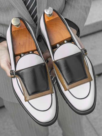 メンズ モンクローファー ラウンドトゥ スリッポン バックルディテール ペニーシューズ カラーブロックデザイン プロムシューズ