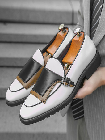 メンズ モンクローファー ラウンドトゥ スリッポン バックルディテール ペニーシューズ カラーブロックデザイン プロムシューズ
