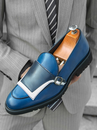 メンズ モンクローファー ラウンドトゥ スリッポン バックルディテール ペニーシューズ カラーブロックデザイン プロムシューズ