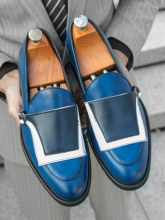 メンズ モンクローファー ラウンドトゥ スリッポン バックルディテール ペニーシューズ カラーブロックデザイン プロムシューズ