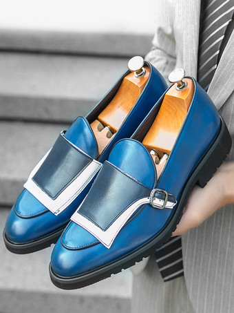 メンズ モンクローファー ラウンドトゥ スリッポン バックルディテール ペニーシューズ カラーブロックデザイン プロムシューズ