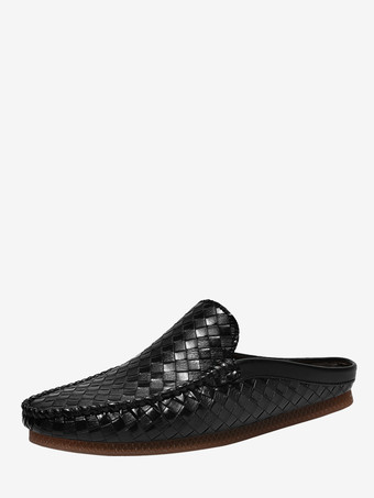 ブラック メンズミュール スリッポン 通気性 レザー ソフトソール ローファー シューズ 快適 カジュアル ハウスシューズ