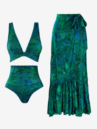 2025年夏向け、両面ハイウエストツーピース水着とプリントマキシスカートセット