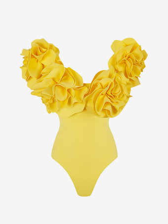 イエロー3Dフラワーバンドゥワンピース水着女性用2025