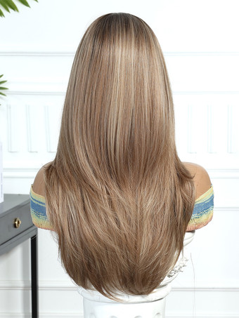 カーテンバング付きミドルパートストレートブラウンロングヘア合成ウィッグ 2025