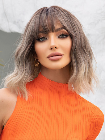 ライトブラウンのグラデーションショートカーリーヘア合成ウィッグ（前髪付き）女性用 2025