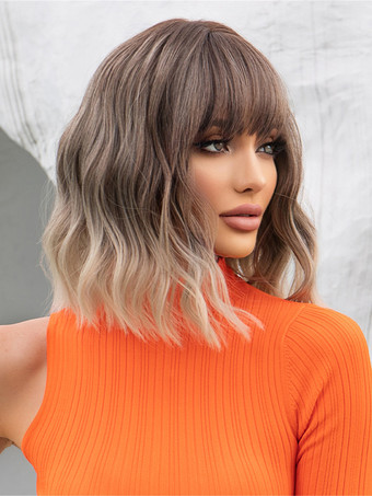 ライトブラウンのグラデーションショートカーリーヘア合成ウィッグ（前髪付き）女性用 2025