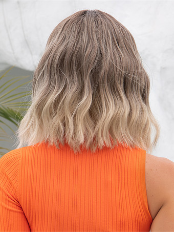 ライトブラウンのグラデーションショートカーリーヘア合成ウィッグ（前髪付き）女性用 2025