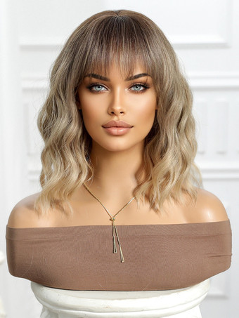 ライトブラウンのグラデーションショートカーリーヘア合成ウィッグ（前髪付き）女性用 2025