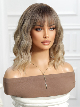 ライトブラウンのグラデーションショートカーリーヘア合成ウィッグ（前髪付き）女性用 2025