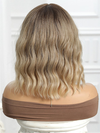 ライトブラウンのグラデーションショートカーリーヘア合成ウィッグ（前髪付き）女性用 2025