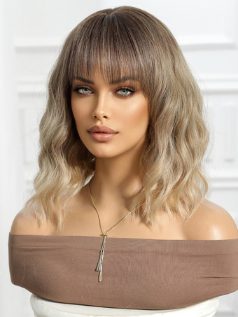 ライトブラウンのグラデーションショートカーリーヘア合成ウィッグ（前髪付き）女性用 2025