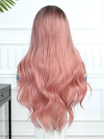 ピンクグラデーションミドルパートロングカーリーヘア合成ウィッグ女性用 2025