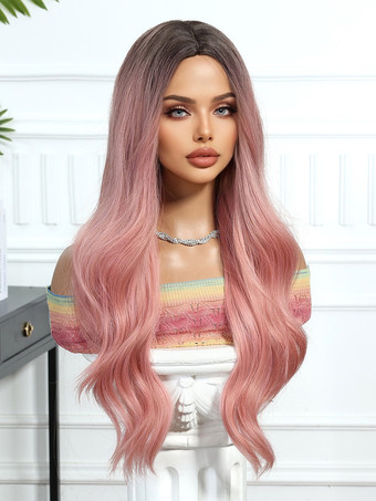 ピンクグラデーションミドルパートロングカーリーヘア合成ウィッグ女性用 2025