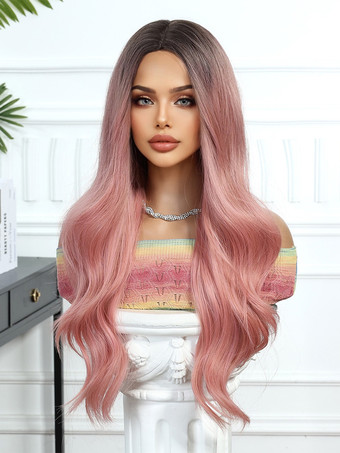 ピンクグラデーションミドルパートロングカーリーヘア合成ウィッグ女性用 2025