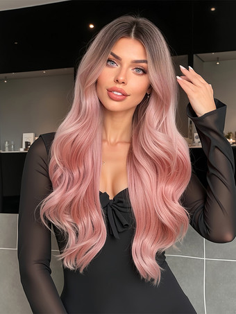 ピンク ピンクグラデーションミドルパートロングカーリーヘア合成ウィッグ女性用 2025
