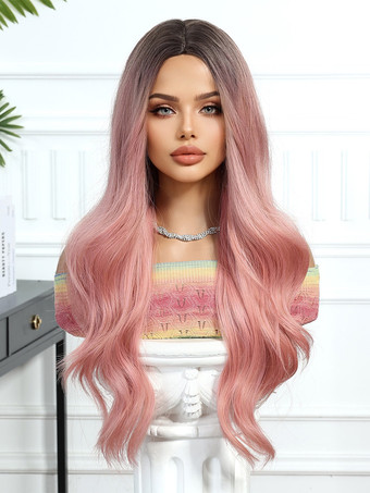ピンクグラデーションミドルパートロングカーリーヘア合成ウィッグ女性用 2025