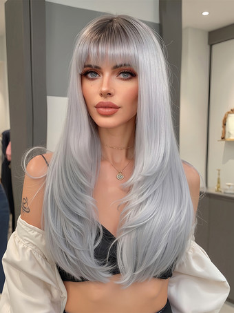 ライトグレーグレーのグラデーションロングストレートヘア合成ウィッグ前髪付き 2025
