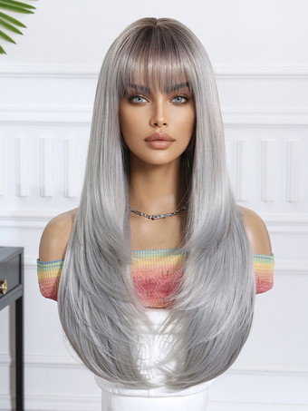 グレーのグラデーションロングストレートヘア合成ウィッグ前髪付き 2025