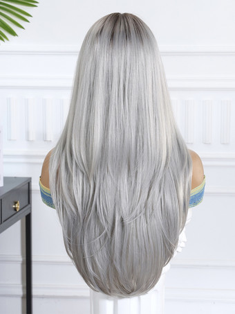 グレーのグラデーションロングストレートヘア合成ウィッグ前髪付き 2025