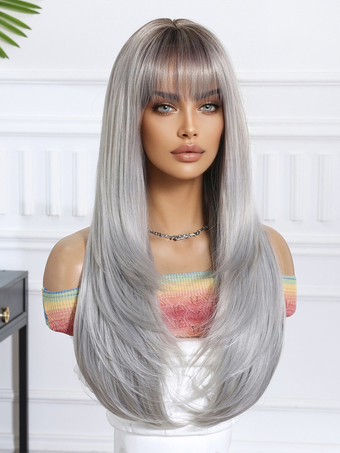 グレーのグラデーションロングストレートヘア合成ウィッグ前髪付き 2025
