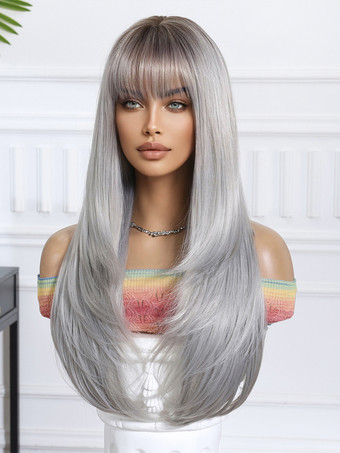 グレーのグラデーションロングストレートヘア合成ウィッグ前髪付き 2025