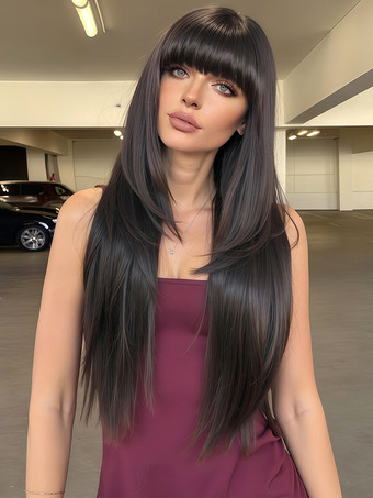 ブラック 黒のロングストレートヘア合成ウィッグ 前髪付き 2025