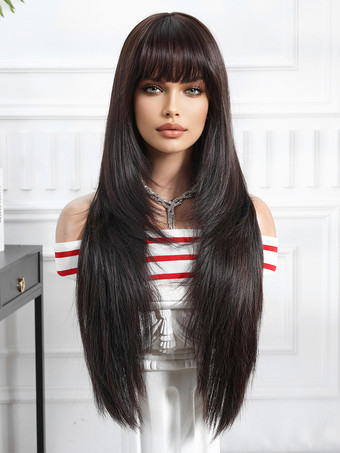 黒のロングストレートヘア合成ウィッグ 前髪付き 2025