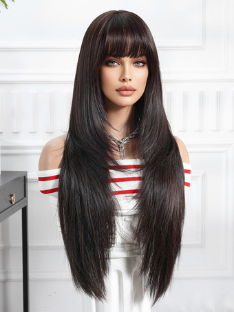 黒のロングストレートヘア合成ウィッグ 前髪付き 2025