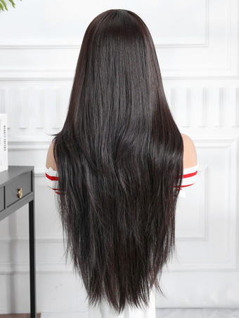 黒のロングストレートヘア合成ウィッグ 前髪付き 2025