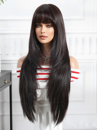 黒のロングストレートヘア合成ウィッグ 前髪付き 2025
