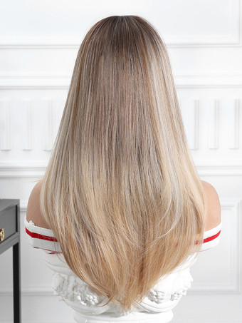 中間分けのグラデーションミディヘア合成ウィッグ、前髪付き 2025