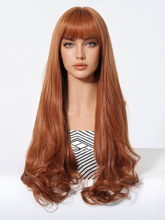 オレンジナチュラルカーリーフルヘッドロングヘア合成ウィッグ前髪付き 2025