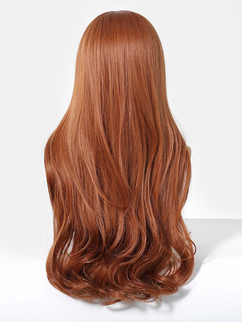 オレンジナチュラルカーリーフルヘッドロングヘア合成ウィッグ前髪付き 2025