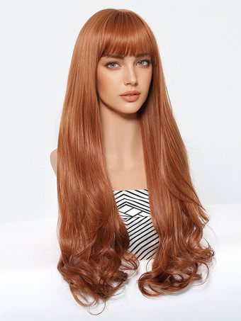 オレンジナチュラルカーリーフルヘッドロングヘア合成ウィッグ前髪付き 2025