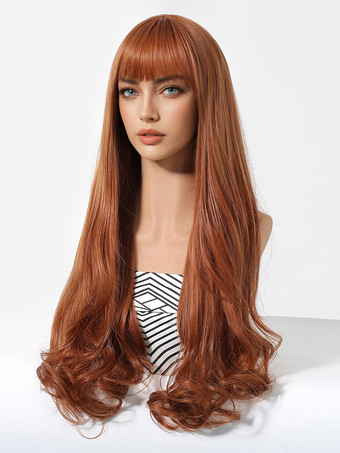 オレンジナチュラルカーリーフルヘッドロングヘア合成ウィッグ前髪付き 2025
