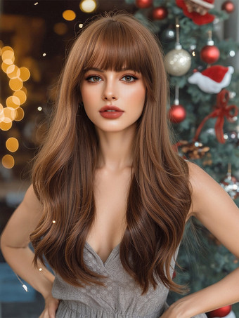 ディープブラウンナチュラルなカーリーロングヘア フルヘッド 合成ウィッグ 前髪付き 2025