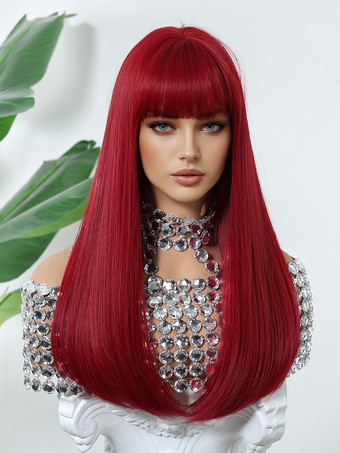 赤いミドルパートのロングストレートヘア合成ウィッグ、前髪付き 2025