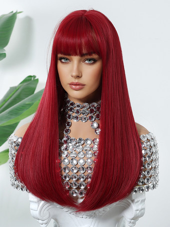 赤いミドルパートのロングストレートヘア合成ウィッグ、前髪付き 2025