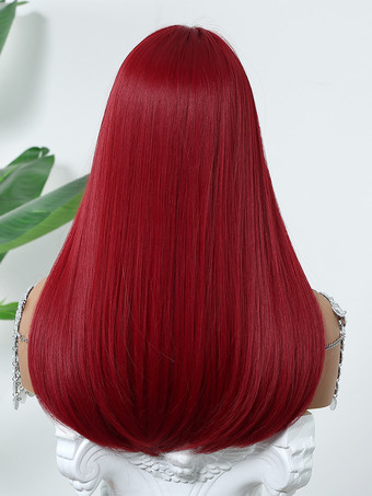 赤いミドルパートのロングストレートヘア合成ウィッグ、前髪付き 2025