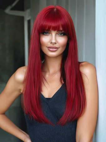 レッド 赤いミドルパートのロングストレートヘア合成ウィッグ、前髪付き 2025
