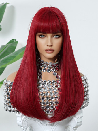 赤いミドルパートのロングストレートヘア合成ウィッグ、前髪付き 2025