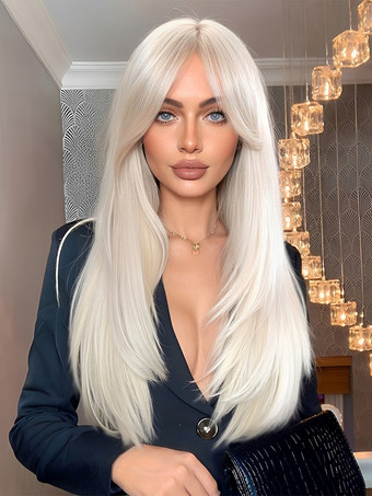 アイボリー カーテンバング付きホワイトブロンドロングストレートヘア合成ウィッグ2025