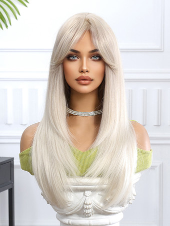 カーテンバング付きホワイトブロンドロングストレートヘア合成ウィッグ2025