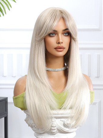 カーテンバング付きホワイトブロンドロングストレートヘア合成ウィッグ2025
