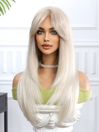 カーテンバング付きホワイトブロンドロングストレートヘア合成ウィッグ2025
